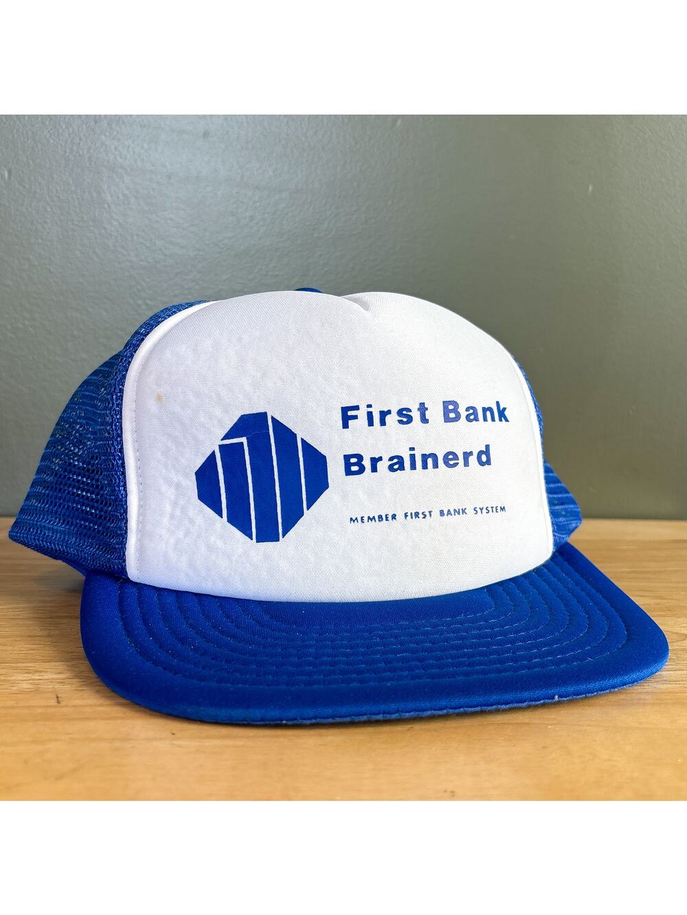 Vintage First Bank Brainerd Minnesota Blue White Mesh Trucker Snapback Hat